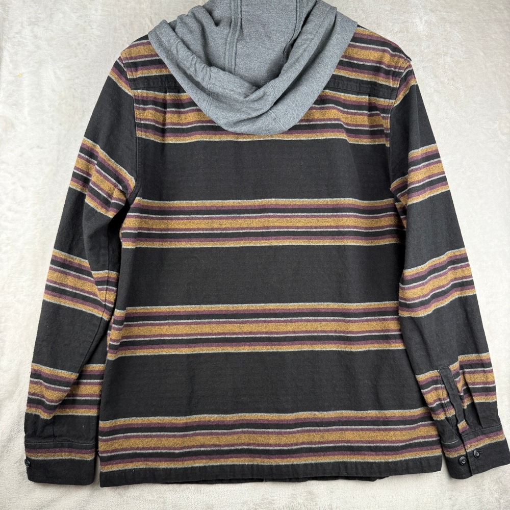 Vans Mens Large Hooded Flannel Shirt Black Gold Burgundy Striped Button Up L - Picture 3 of 5